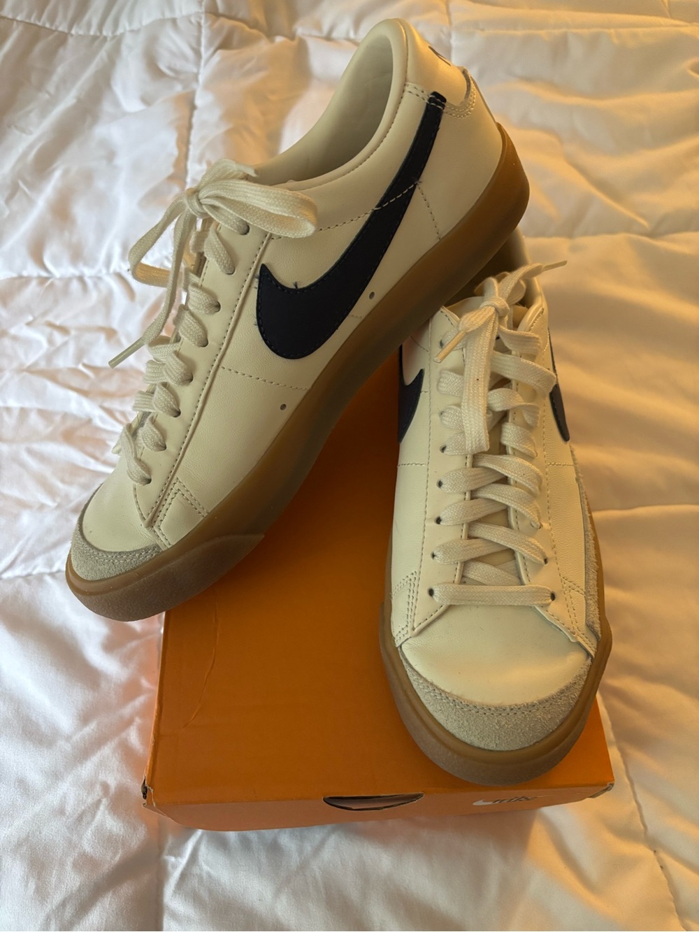 Nike Women’s Blazer Low ‘77 Jumbo Cream Leather Sneakers with Blue Swoosh